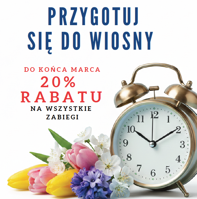 Budzik otoczony wiosennymi kwiatami oraz informacja o 20% rabatu na zabiegi do końca marca.